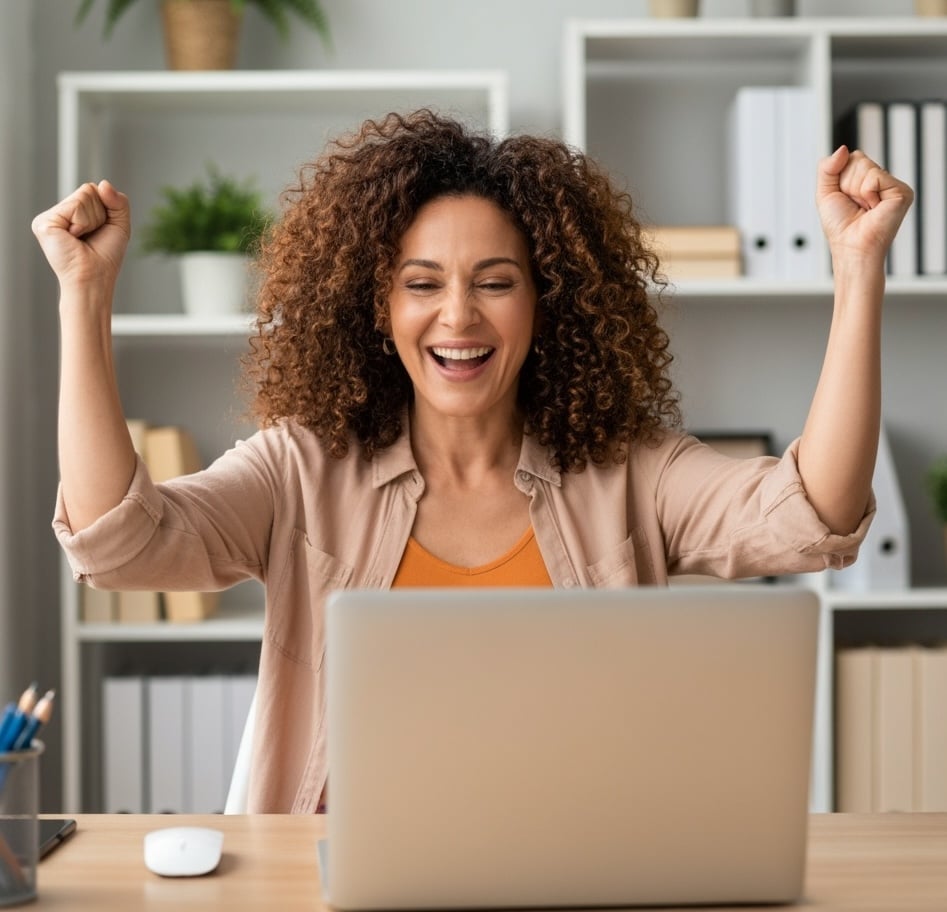 Woman looking at her laptop smiling with her hands in the air Woman looking at her laptop smiling with her hands in the air